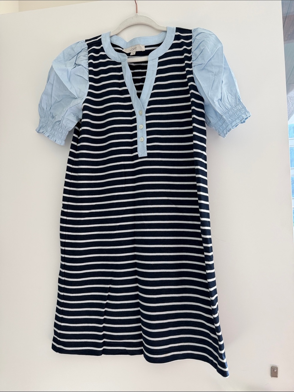 LOFT Navy & Light Blue Striped Dress with Puff Sleeves